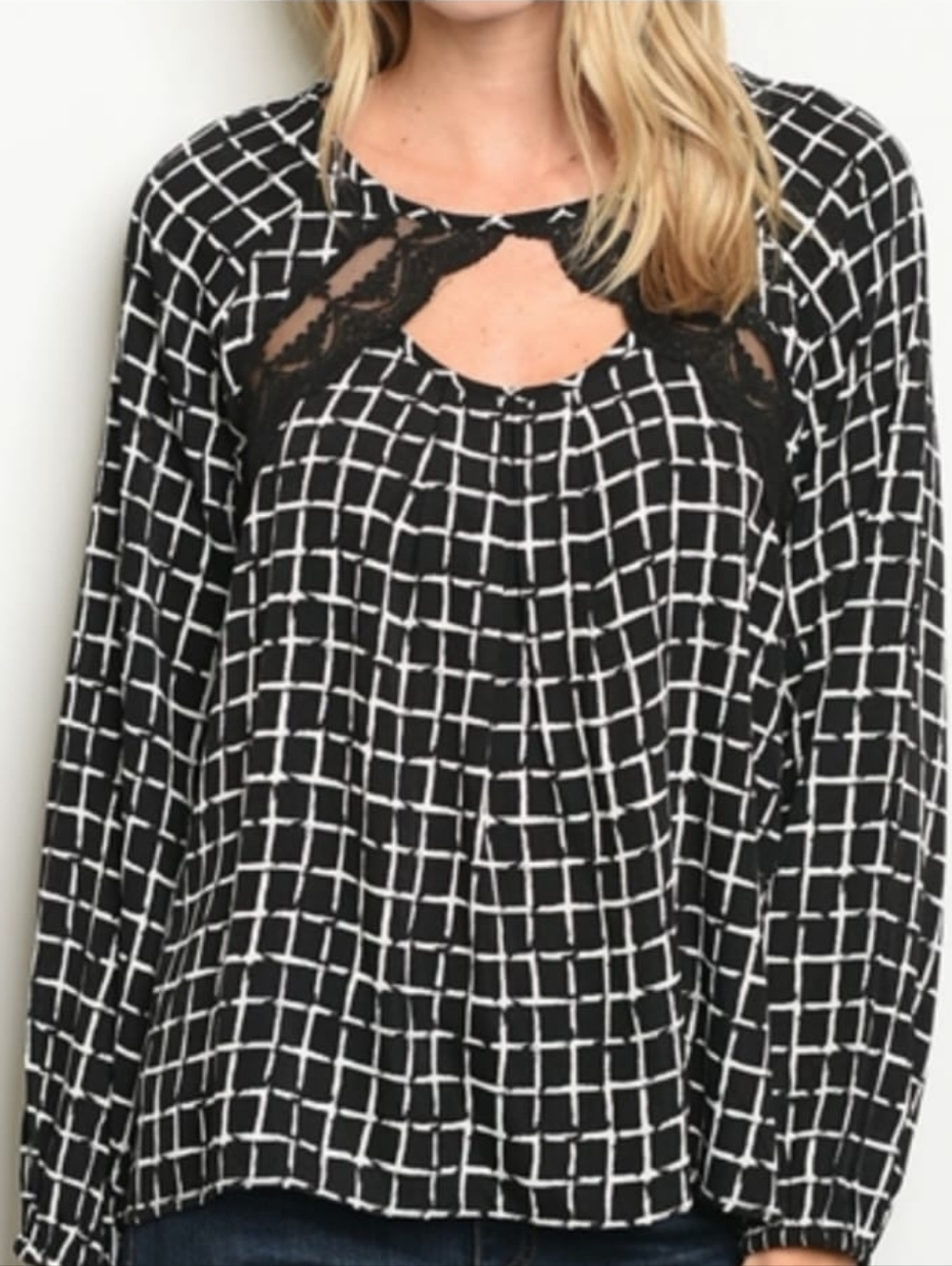 Black & White Grid Lace Trim Long Sleeve Top